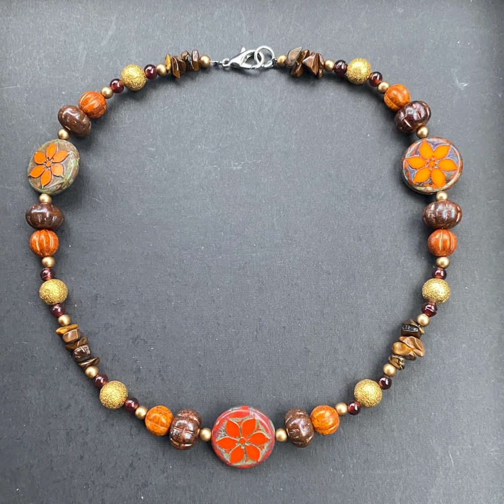 Woodbead, garnet, and tigers eye necklace